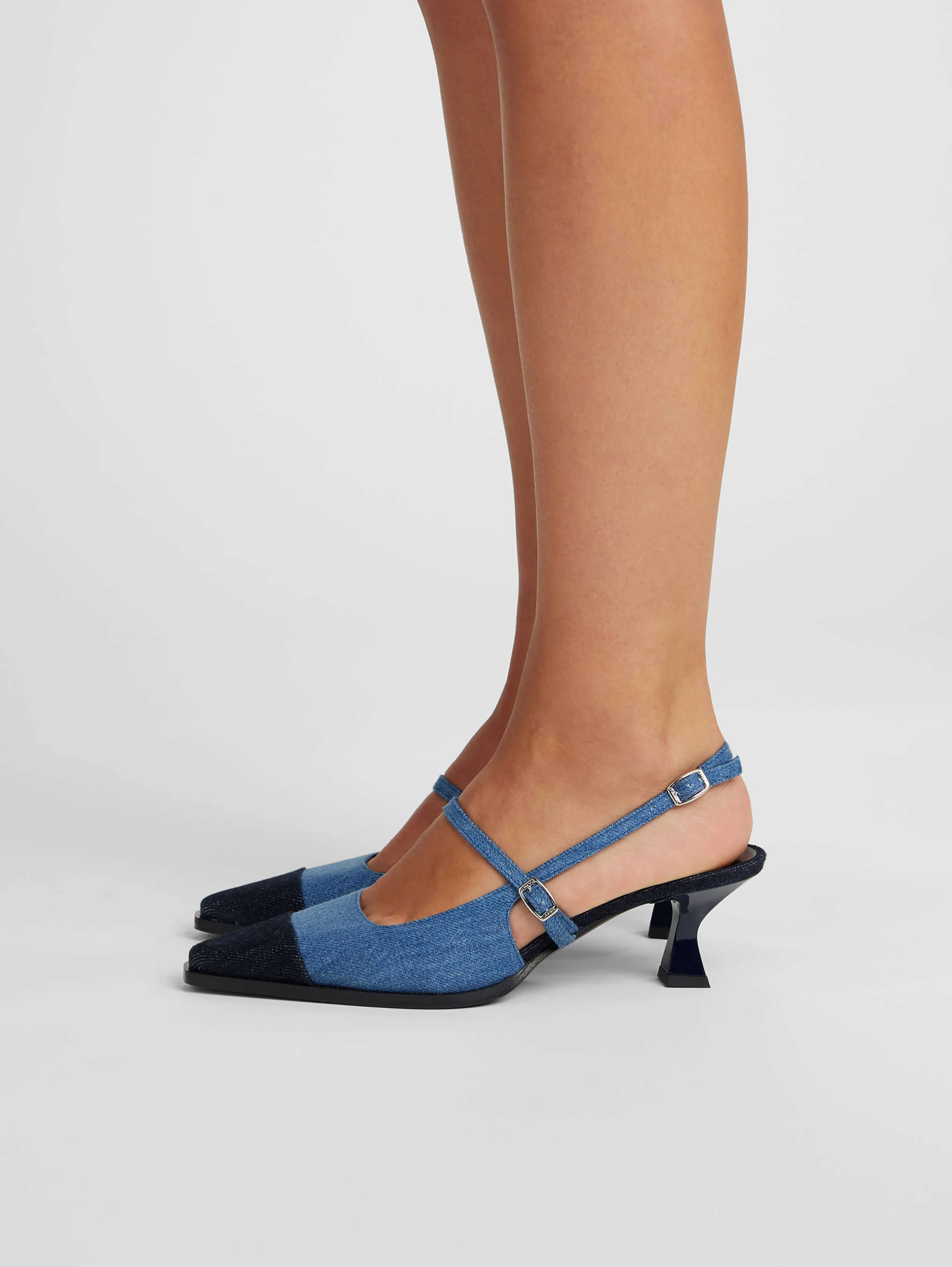 Cecile - Escarpins slingback bicolore tissu jean bleu - Image 5