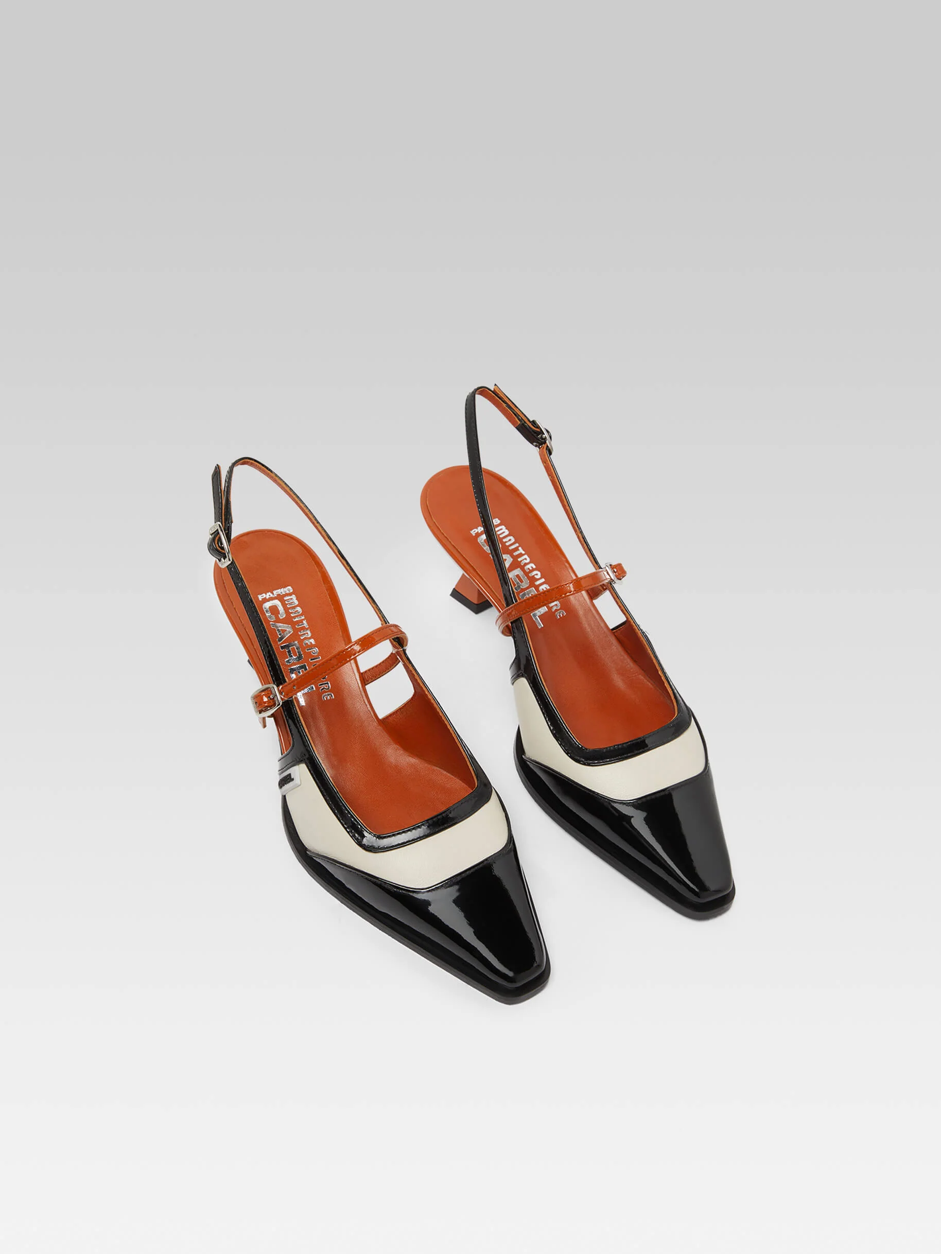 Cecile - Escarpins slingback cuir verni noir et camel et cuir beige - Image 3