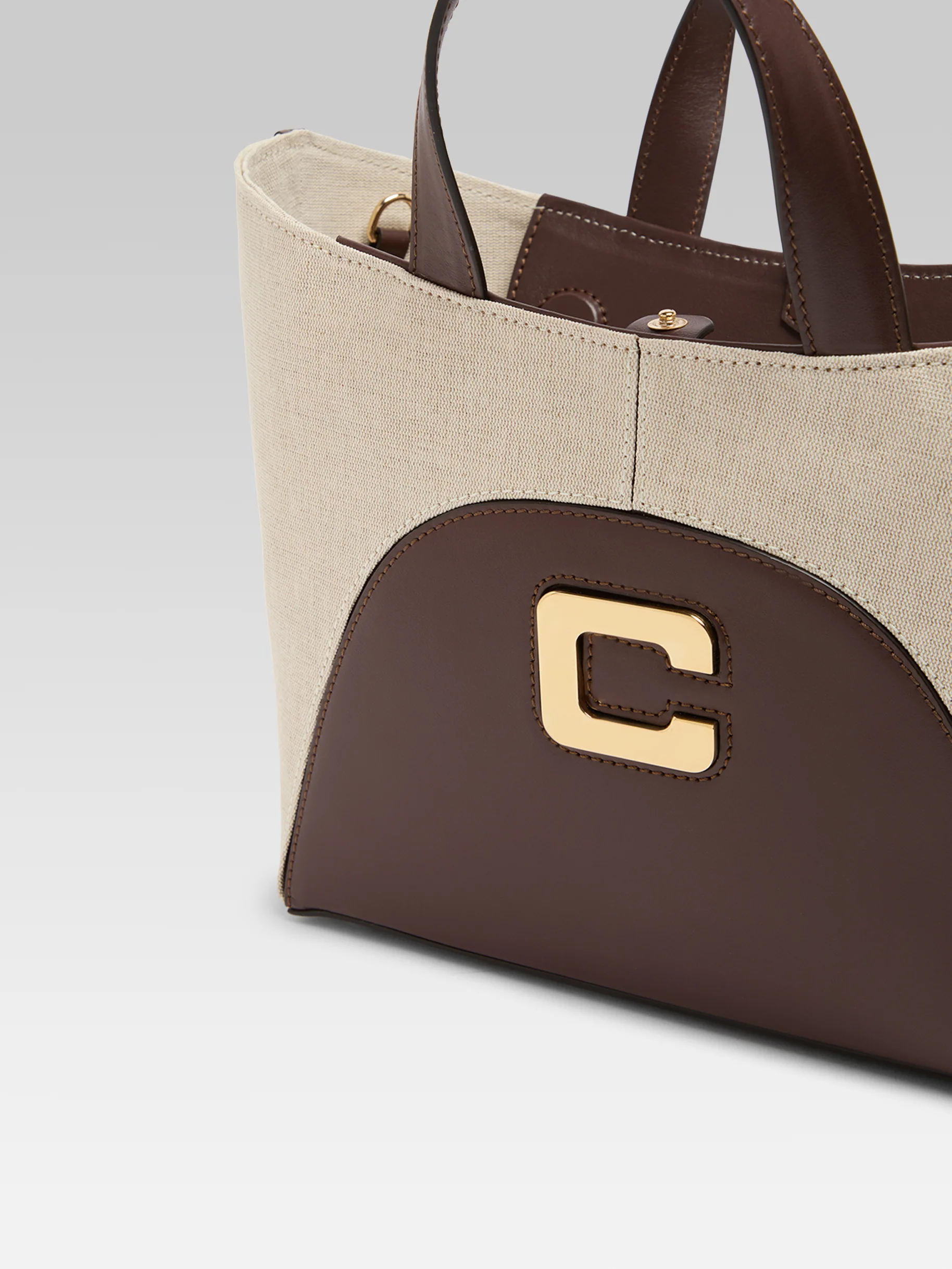 Clem - Mini sac cabas cuir marron et toile beige - Image 6