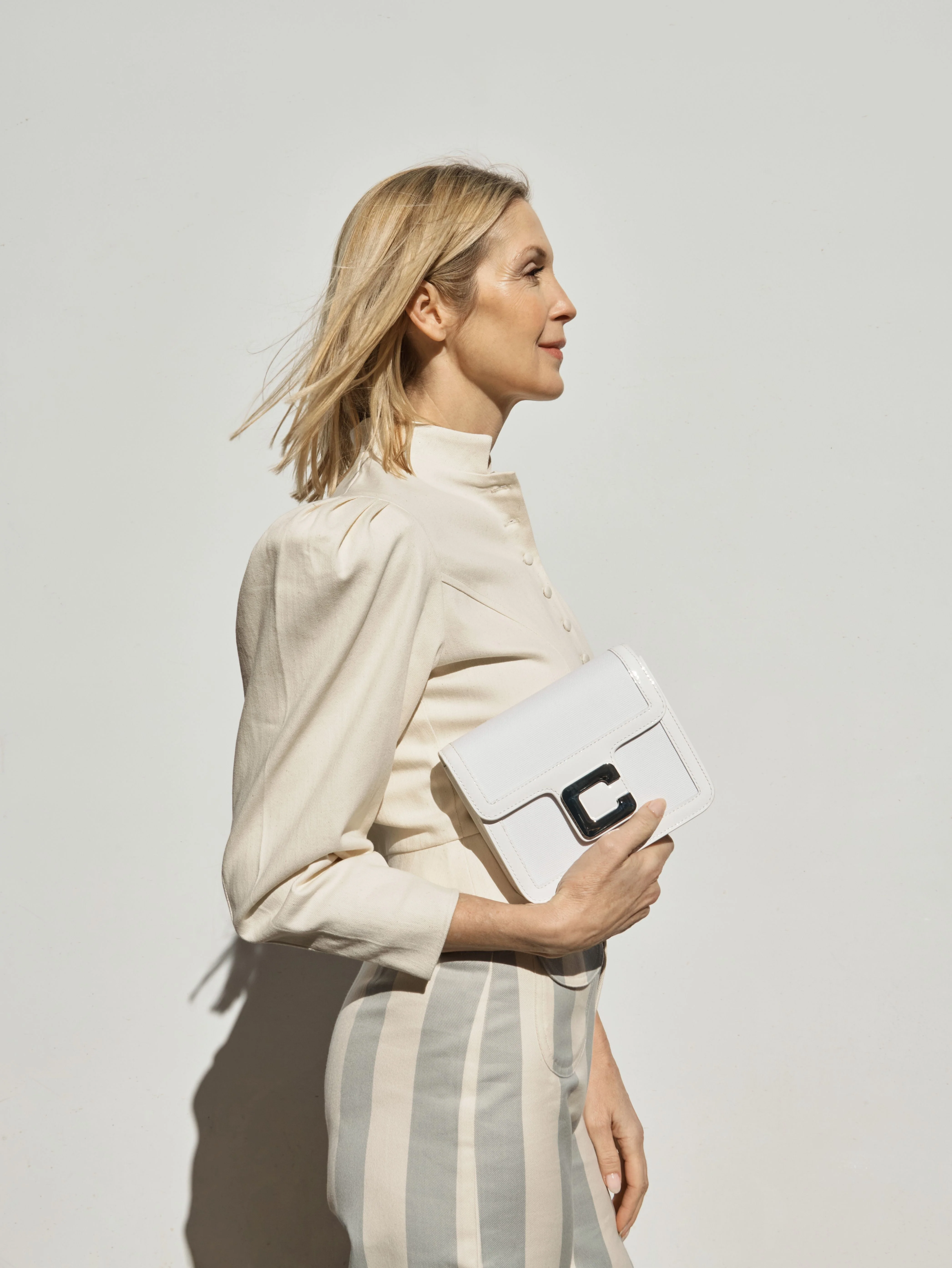 Mini Sorbonne - Sac tissu et cuir verni blanc - Image 6