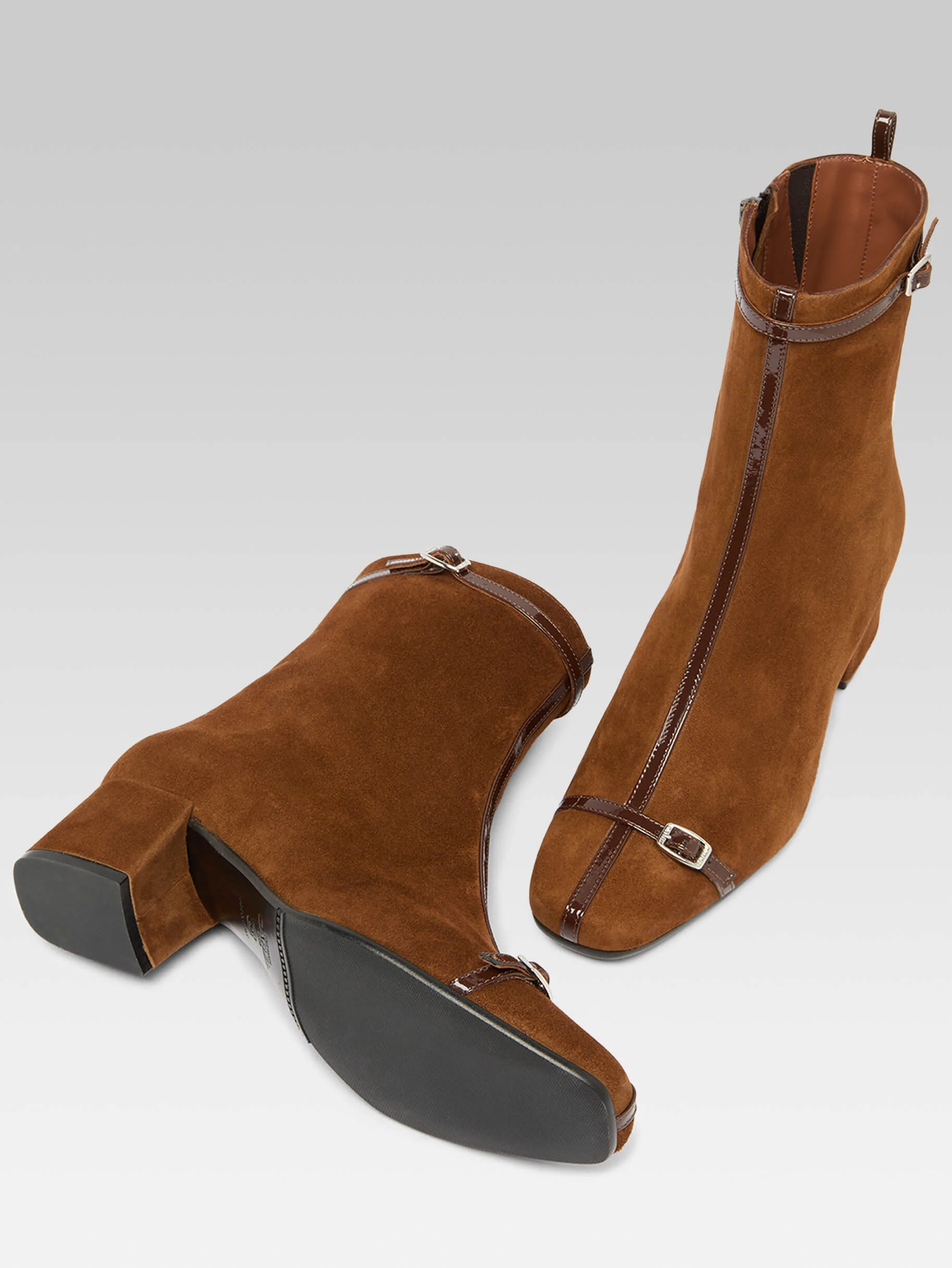 Start - Bottines cuir velours marron avec brides cuir vernies - Image 9